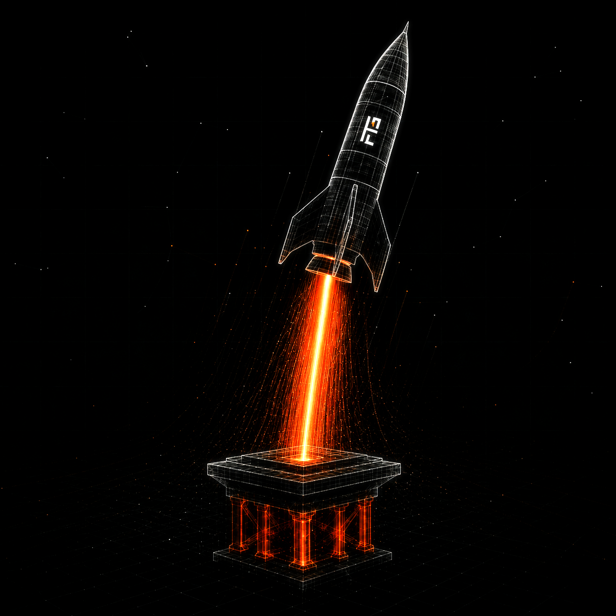 FTG wireframe rocket launching from its platform — funding, building, and operating the stack.